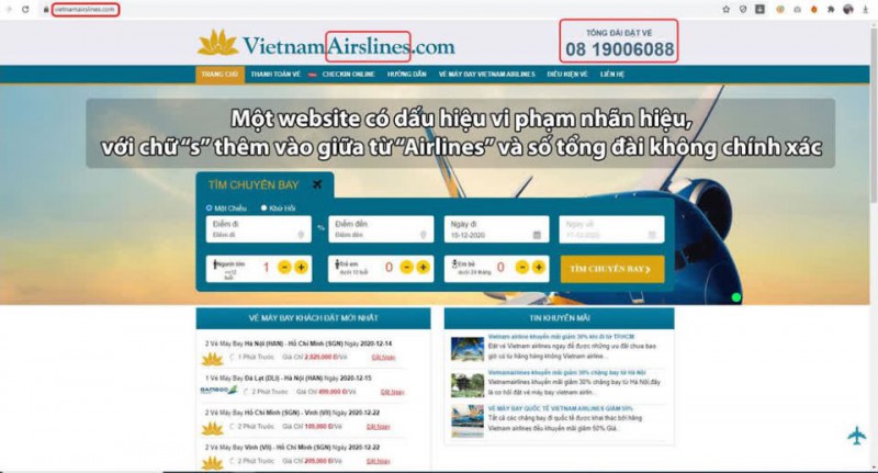 Một số trang web giả danh Vietnam Airlines bán vé cho khách hàng